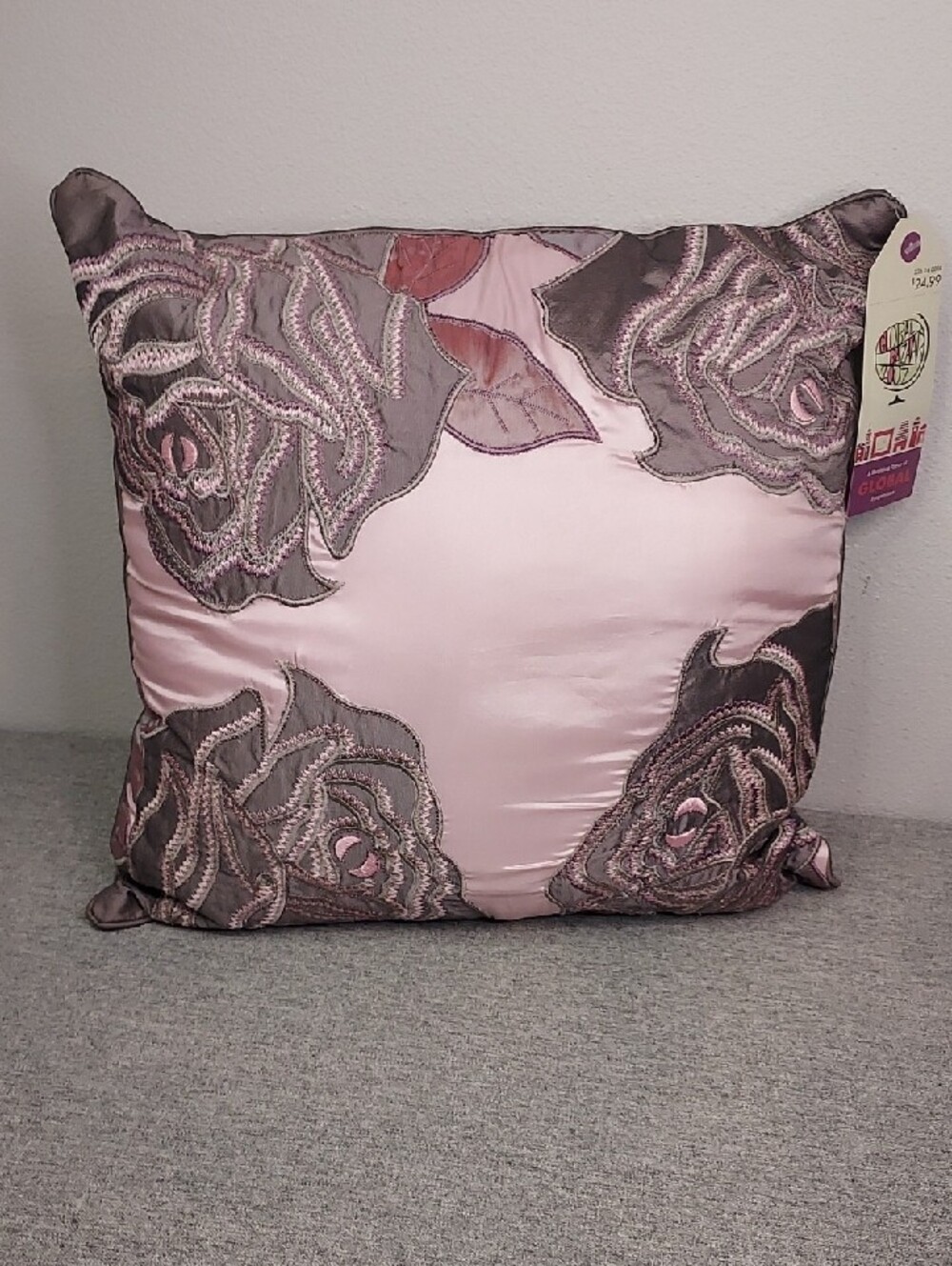 Global Bazaar 2007 Blush Pink Mauve Floral Embroidered Satin Accent Pillow 16x16